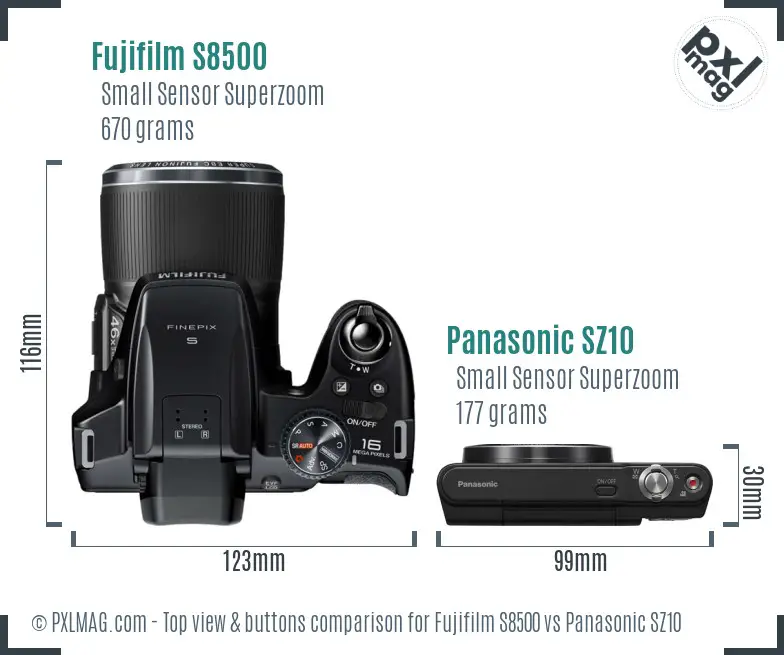 Fujifilm S8500 vs Panasonic SZ10 top view buttons comparison