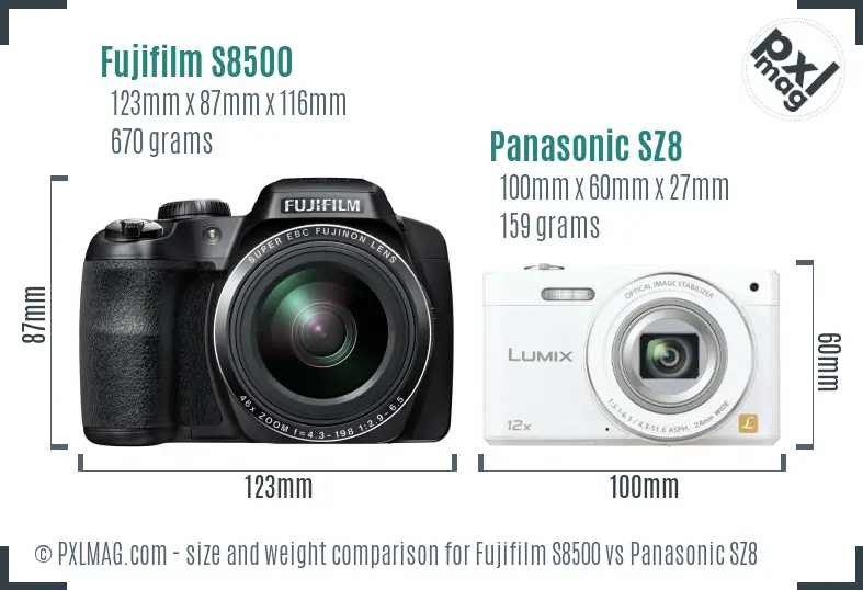 Fujifilm S8500 vs Panasonic SZ8 size comparison