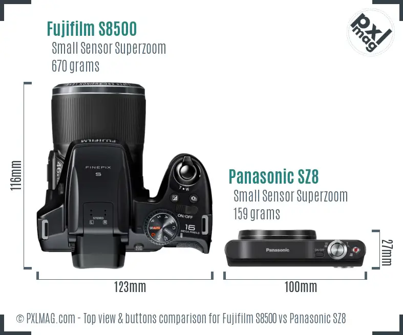 Fujifilm S8500 vs Panasonic SZ8 top view buttons comparison