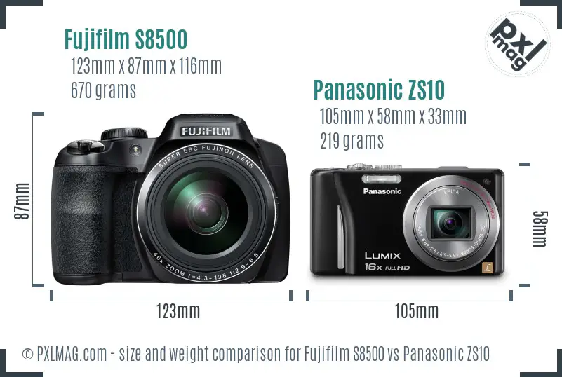 Fujifilm S8500 vs Panasonic ZS10 size comparison