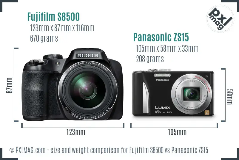 Fujifilm S8500 vs Panasonic ZS15 size comparison