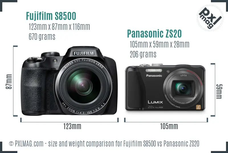 Fujifilm S8500 vs Panasonic ZS20 size comparison