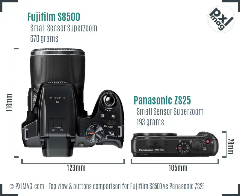 Fujifilm S8500 vs Panasonic ZS25 top view buttons comparison