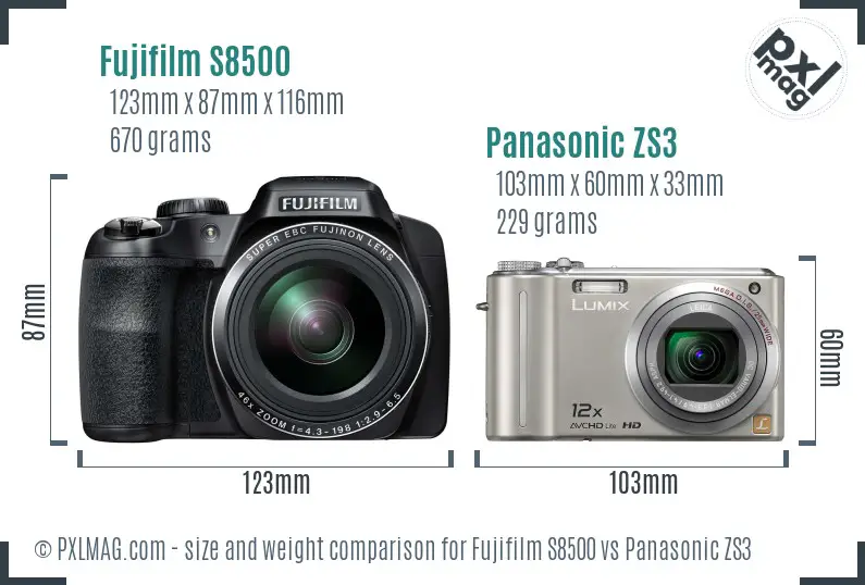 Fujifilm S8500 vs Panasonic ZS3 size comparison