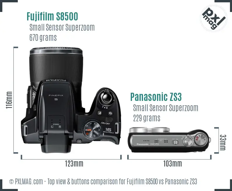 Fujifilm S8500 vs Panasonic ZS3 top view buttons comparison