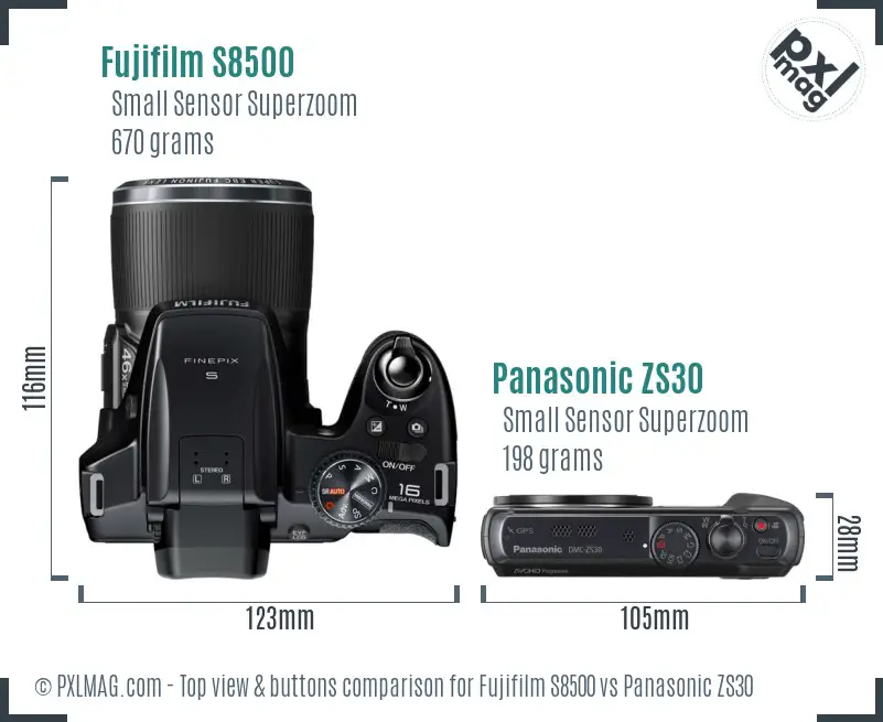 Fujifilm S8500 vs Panasonic ZS30 top view buttons comparison Fujifilm S8500 vs Panasonic ZS30 top view buttons comparison