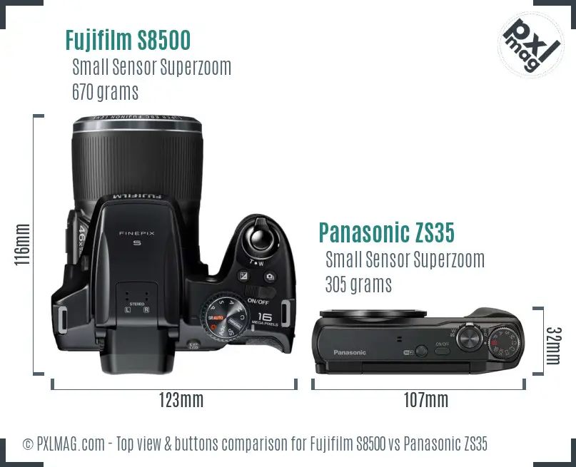 Fujifilm S8500 vs Panasonic ZS35 top view buttons comparison