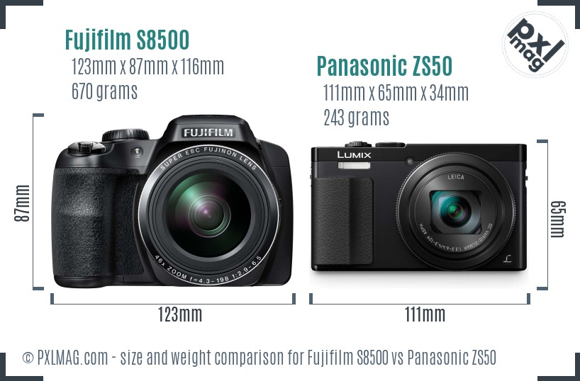 Fujifilm S8500 vs Panasonic ZS50 size comparison
