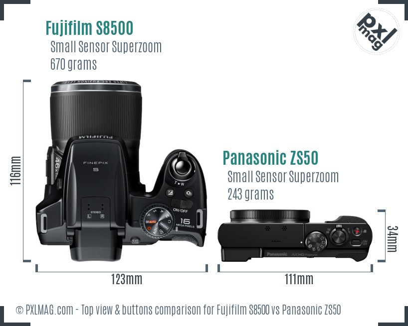 Fujifilm S8500 vs Panasonic ZS50 top view buttons comparison