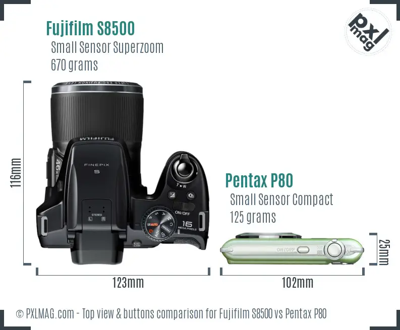 Fujifilm S8500 vs Pentax P80 top view buttons comparison