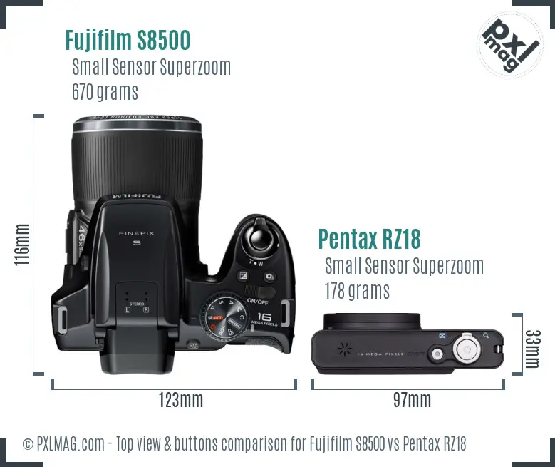 Fujifilm S8500 vs Pentax RZ18 top view buttons comparison