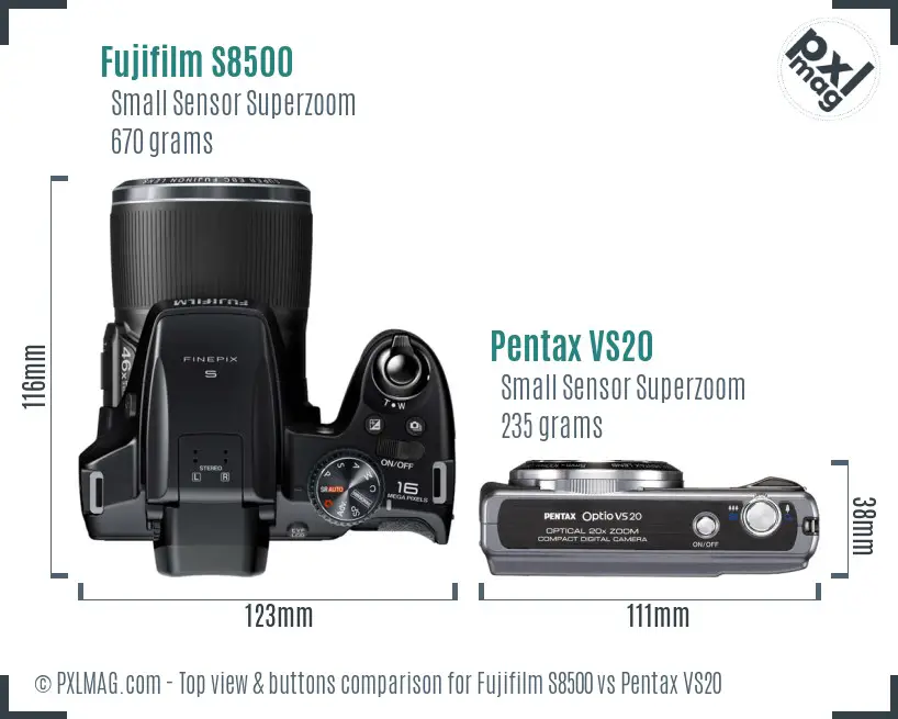 Fujifilm S8500 vs Pentax VS20 top view buttons comparison