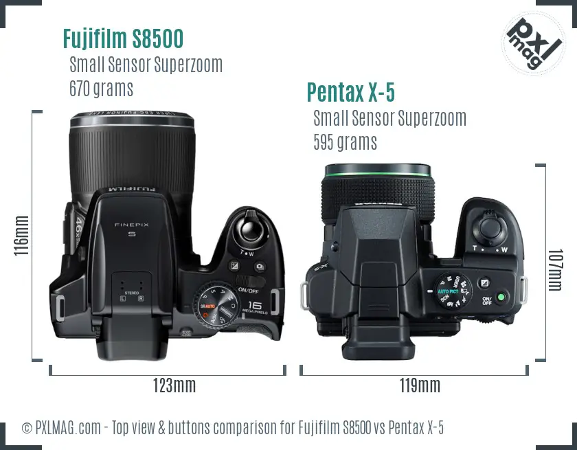 Fujifilm S8500 vs Pentax X-5 top view buttons comparison