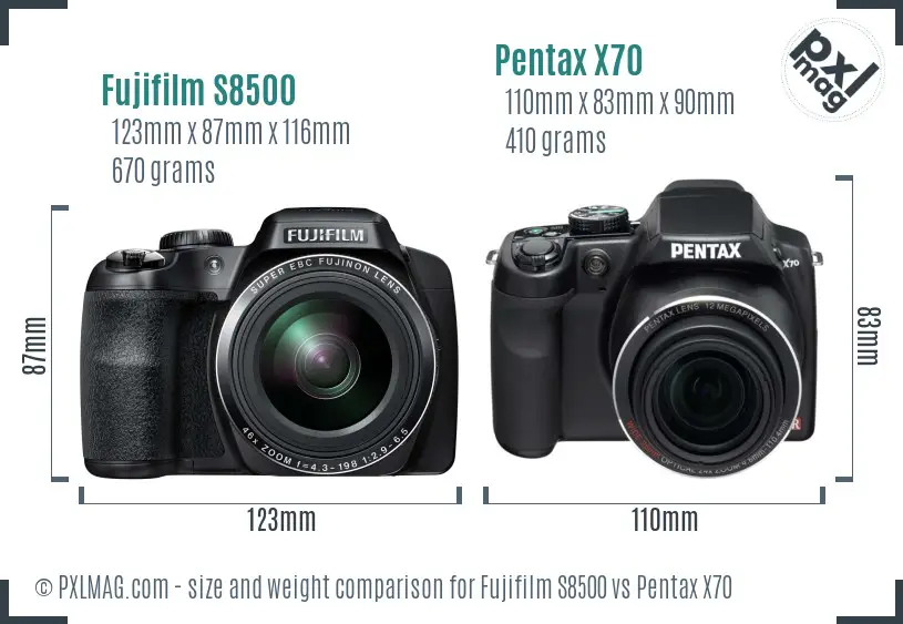 Fujifilm S8500 vs Pentax X70 size comparison