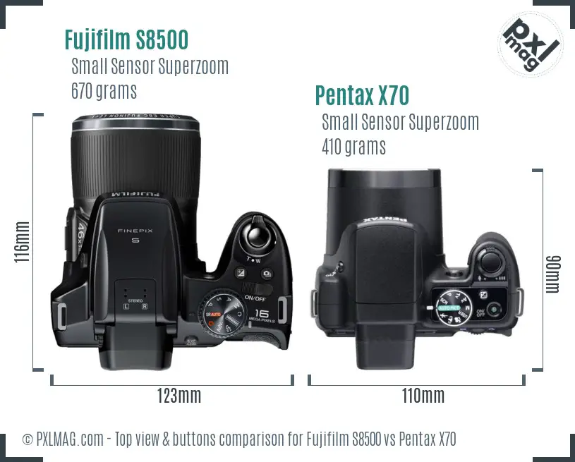 Fujifilm S8500 vs Pentax X70 top view buttons comparison