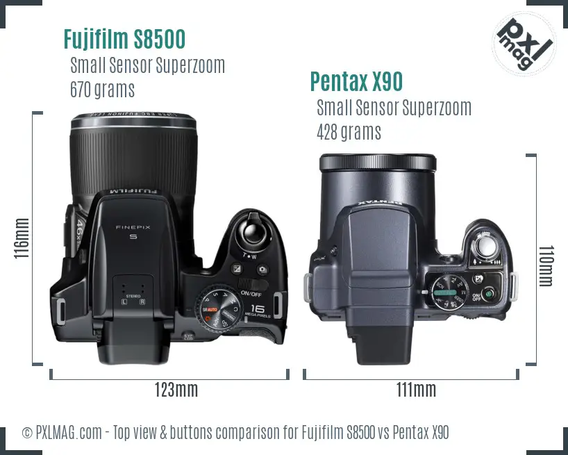 Fujifilm S8500 vs Pentax X90 top view buttons comparison