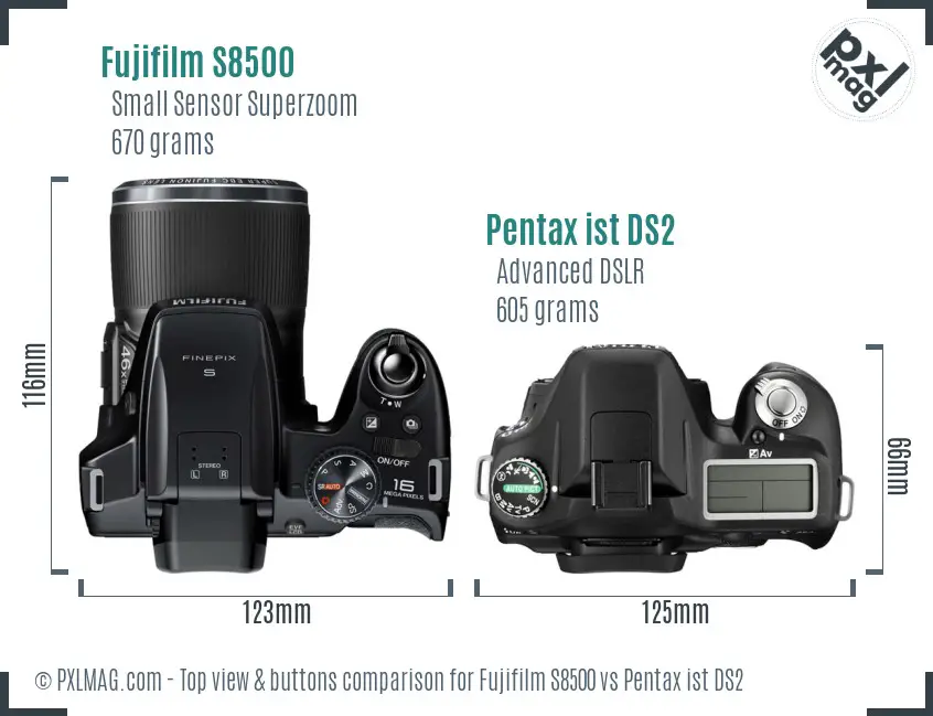 Fujifilm S8500 vs Pentax ist DS2 top view buttons comparison