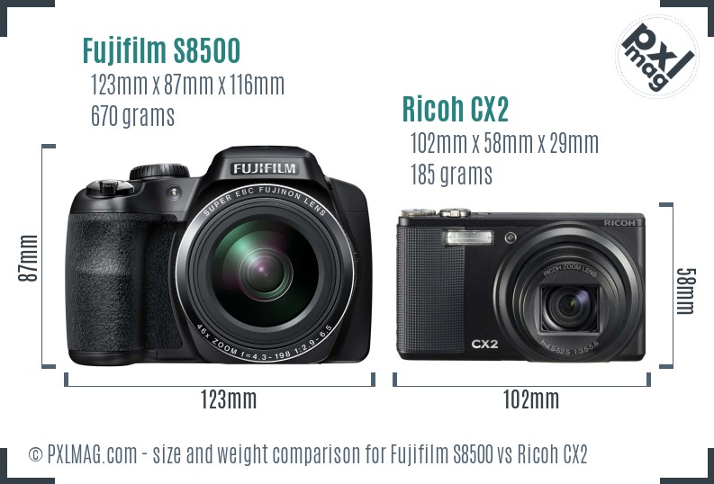 Fujifilm S8500 vs Ricoh CX2 size comparison