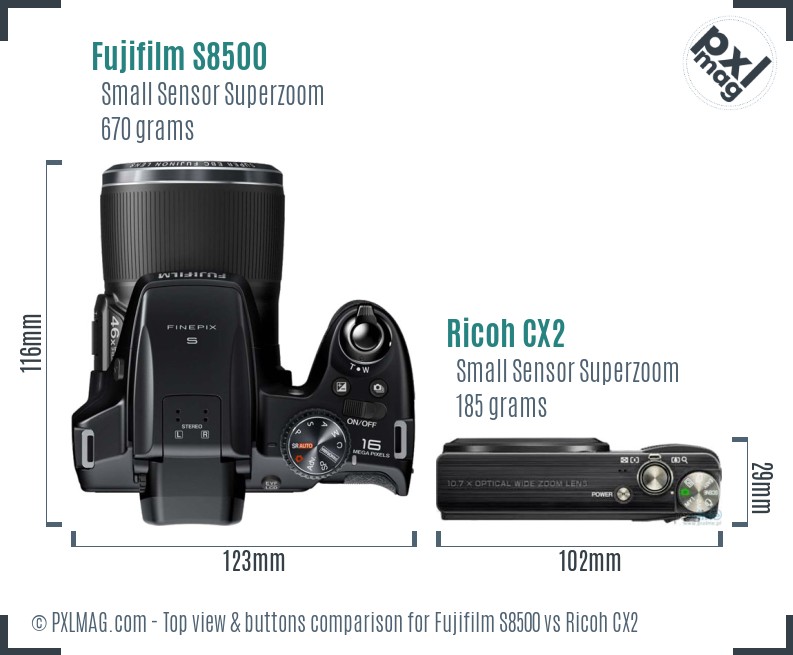 Fujifilm S8500 vs Ricoh CX2 top view buttons comparison
