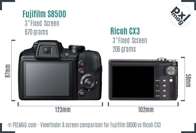 Fujifilm S8500 vs Ricoh CX3 Screen and Viewfinder comparison