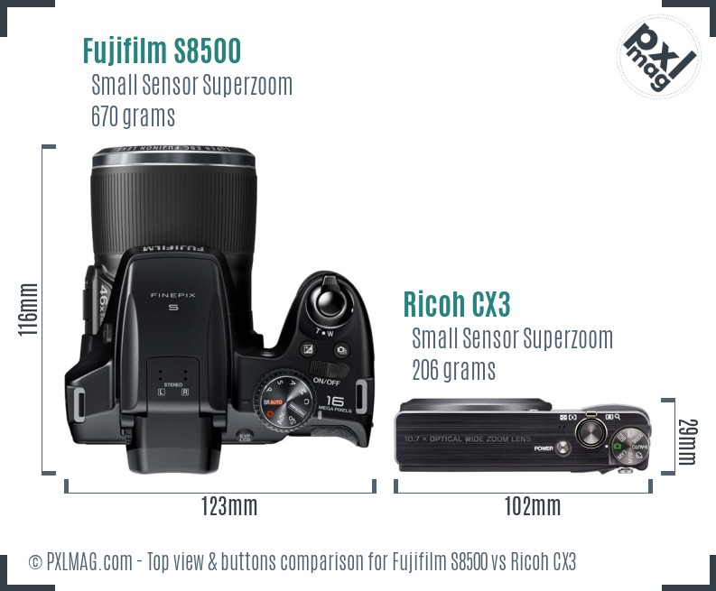 Fujifilm S8500 vs Ricoh CX3 top view buttons comparison