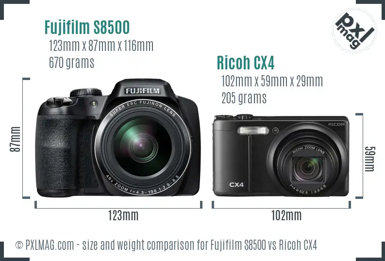 Fujifilm S8500 vs Ricoh CX4 size comparison