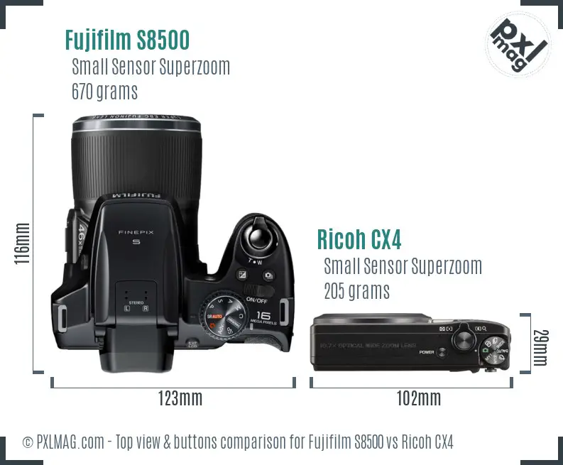 Fujifilm S8500 vs Ricoh CX4 top view buttons comparison