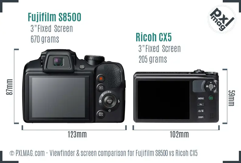 Fujifilm S8500 vs Ricoh CX5 Screen and Viewfinder comparison