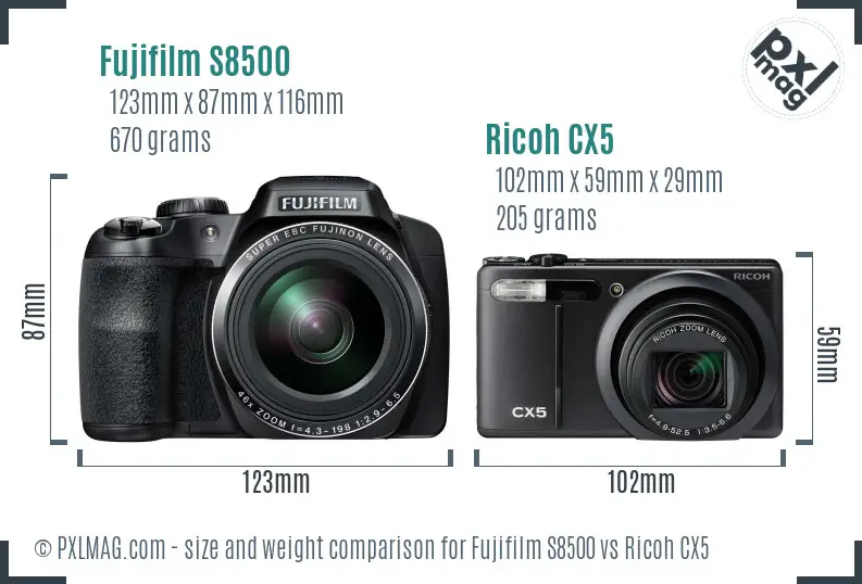 Fujifilm S8500 vs Ricoh CX5 size comparison Fujifilm S8500 vs Ricoh CX5 size comparison