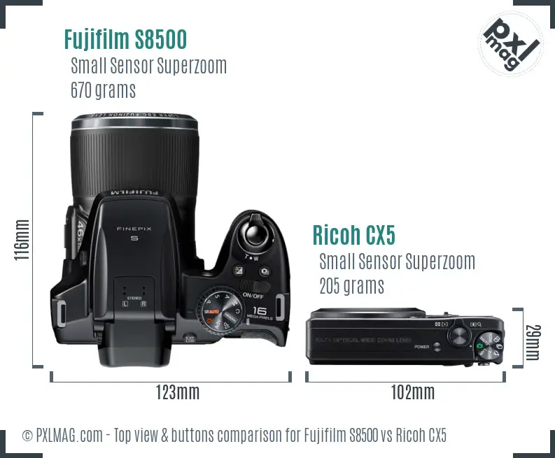 Fujifilm S8500 vs Ricoh CX5 top view buttons comparison