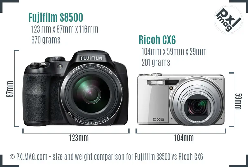 Fujifilm S8500 vs Ricoh CX6 size comparison