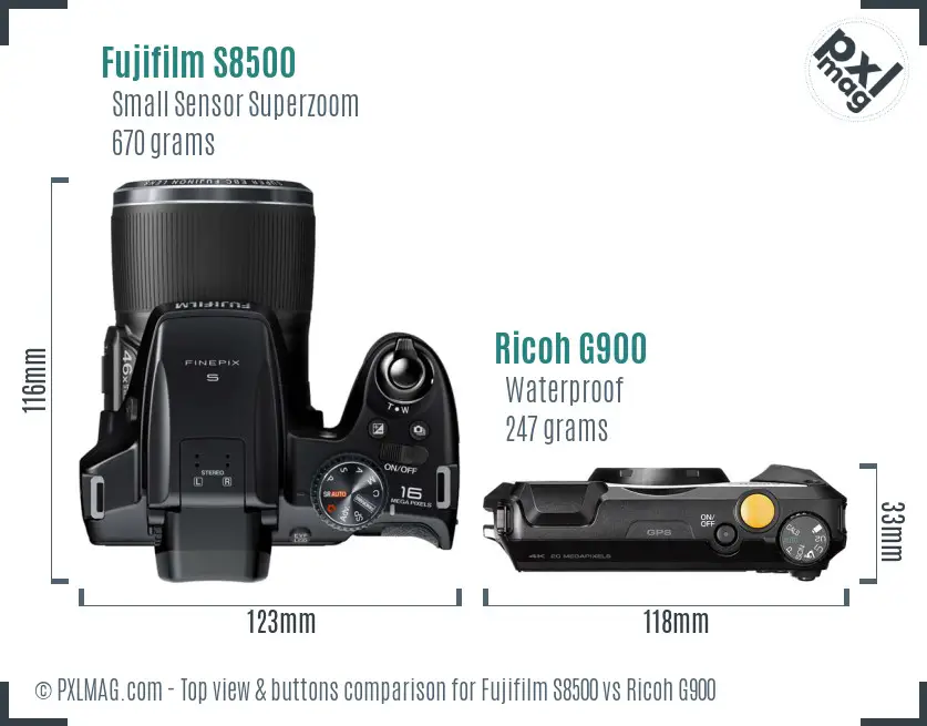 Fujifilm S8500 vs Ricoh G900 top view buttons comparison Fujifilm S8500 vs Ricoh G900 top view buttons comparison