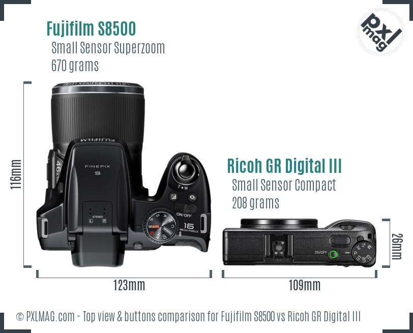 Fujifilm S8500 vs Ricoh GR Digital III top view buttons comparison