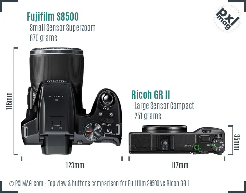 Fujifilm S8500 vs Ricoh GR II top view buttons comparison