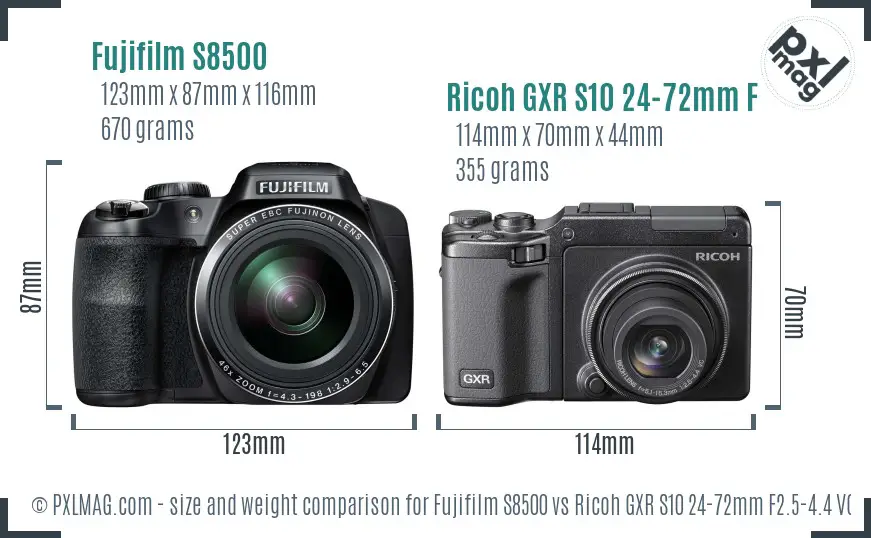 Fujifilm S8500 vs Ricoh GXR S10 24-72mm F2.5-4.4 VC size comparison Fujifilm S8500 vs Ricoh GXR S10 24-72mm F2.5-4.4 VC size comparison