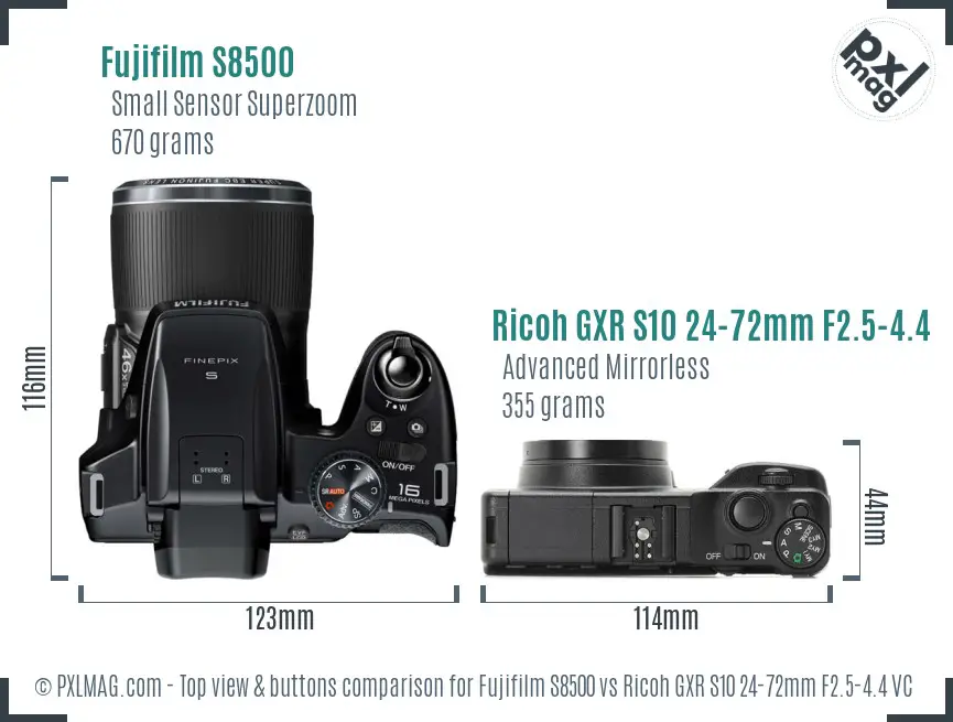 Fujifilm S8500 vs Ricoh GXR S10 24-72mm F2.5-4.4 VC top view buttons comparison Fujifilm S8500 vs Ricoh GXR S10 24-72mm F2.5-4.4 VC top view buttons comparison