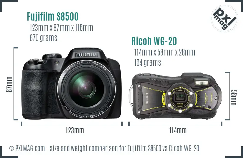 Fujifilm S8500 vs Ricoh WG-20 size comparison