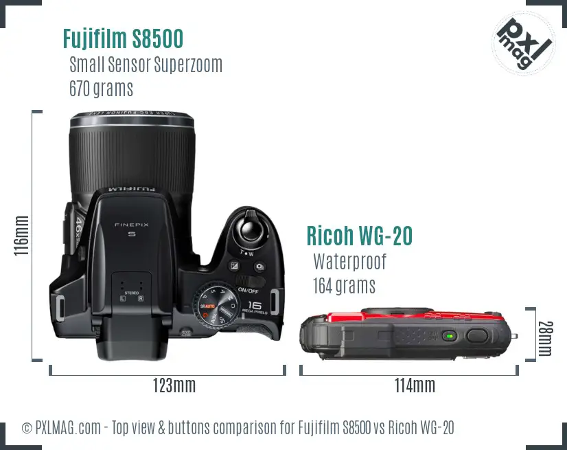 Fujifilm S8500 vs Ricoh WG-20 top view buttons comparison