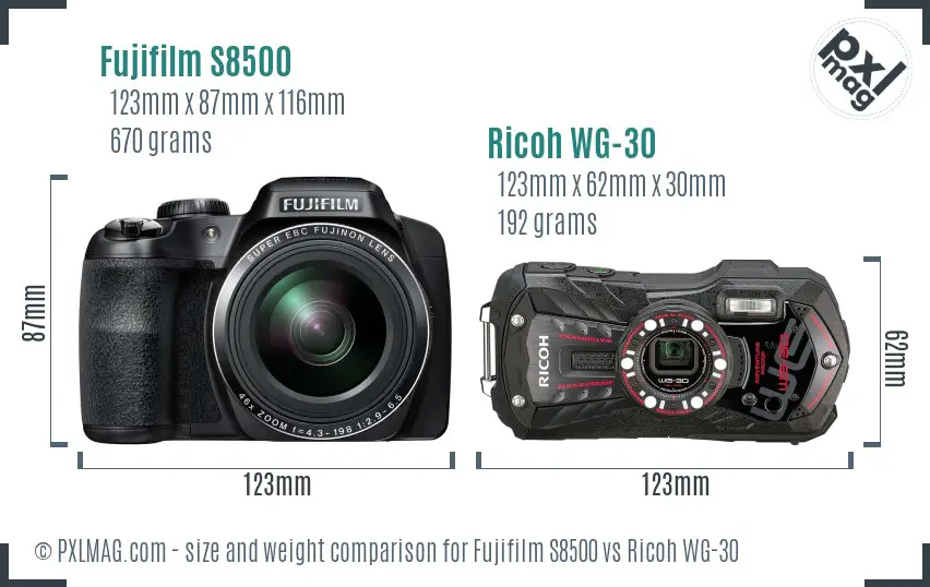 Fujifilm S8500 vs Ricoh WG-30 size comparison