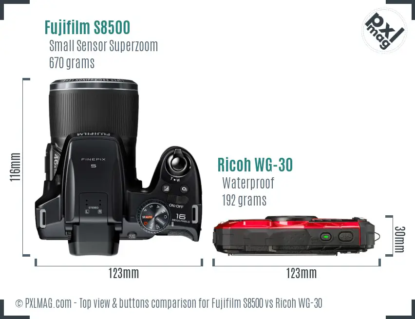 Fujifilm S8500 vs Ricoh WG-30 top view buttons comparison