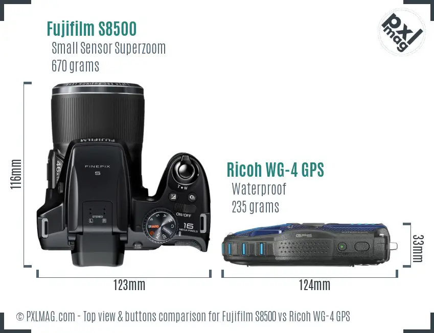 Fujifilm S8500 vs Ricoh WG-4 GPS top view buttons comparison Fujifilm S8500 vs Ricoh WG-4 GPS top view buttons comparison