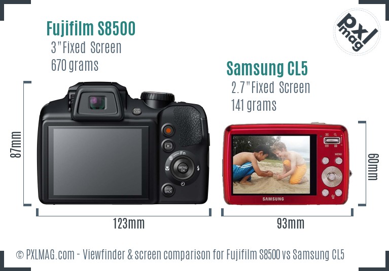 Fujifilm S8500 vs Samsung CL5 Screen and Viewfinder comparison
