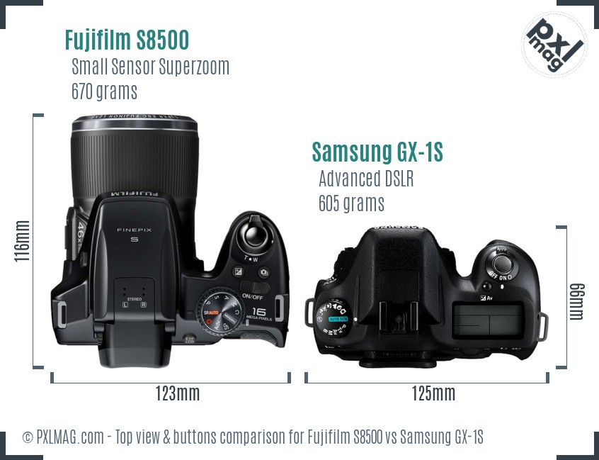 Fujifilm S8500 vs Samsung GX-1S top view buttons comparison