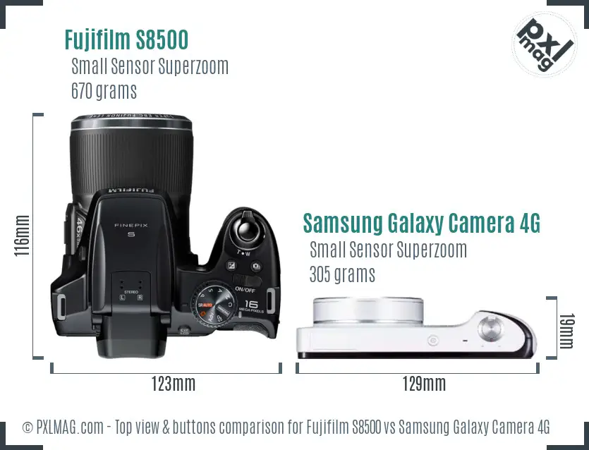 Fujifilm S8500 vs Samsung Galaxy Camera 4G top view buttons comparison