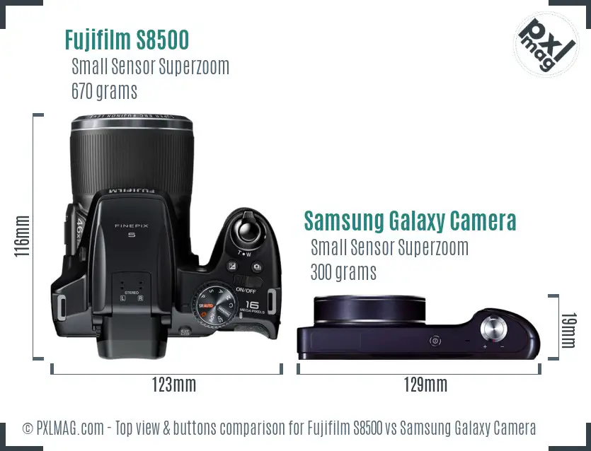 Fujifilm S8500 vs Samsung Galaxy Camera top view buttons comparison Fujifilm S8500 vs Samsung Galaxy Camera top view buttons comparison