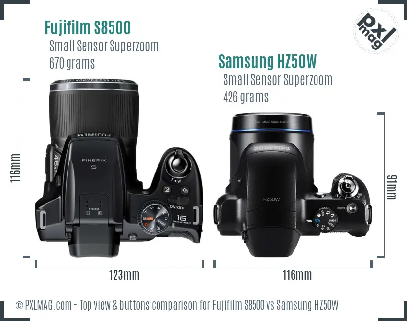Fujifilm S8500 vs Samsung HZ50W top view buttons comparison