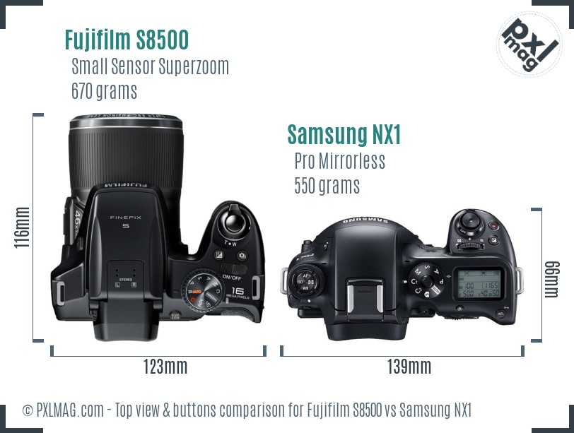 Fujifilm S8500 vs Samsung NX1 top view buttons comparison