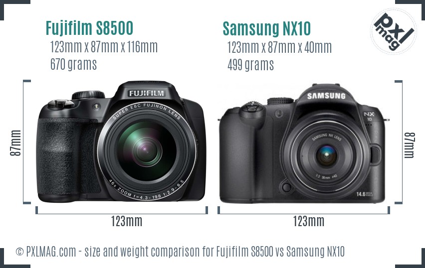 Fujifilm S8500 vs Samsung NX10 size comparison