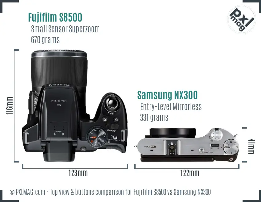 Fujifilm S8500 vs Samsung NX300 top view buttons comparison