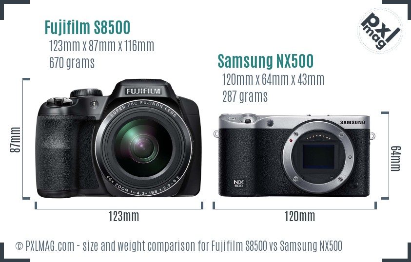 Fujifilm S8500 vs Samsung NX500 size comparison